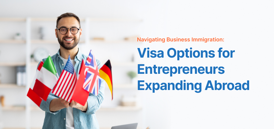 Entrepreneur holding international flags representing business immigration and global visa options